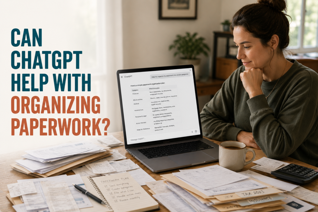 Person at home desk with a pile of household paperwork using ChatGPT on a laptop to create a simple organization plan, looking calm and relieved