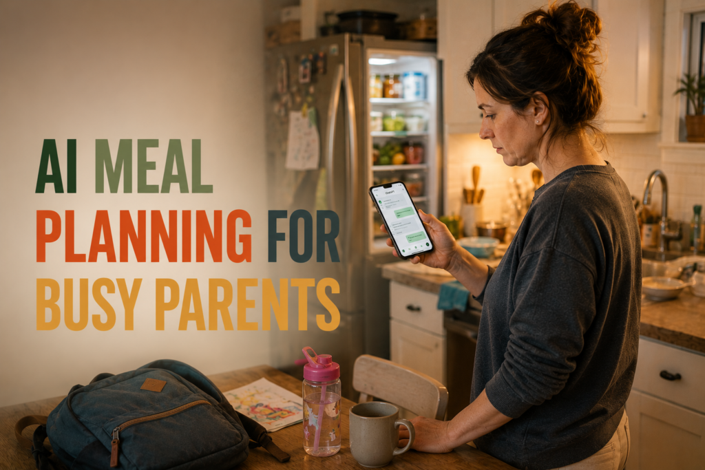 Tired working parent using AI on phone to plan family dinners in a busy kitchen at the end of the day