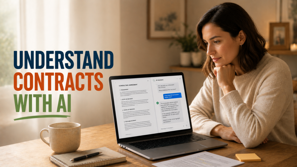 Person reading a long contract on a laptop while using AI to get plain-English explanations of complicated legal language