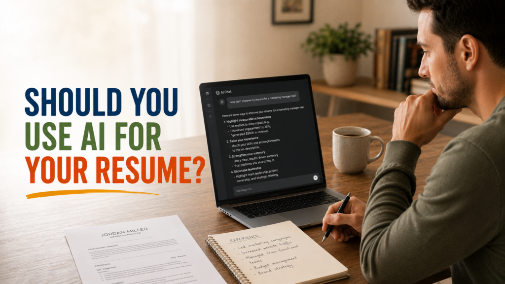 Job seeker using AI on laptop to edit resume bullet points while reviewing their own handwritten notes, looking focused and in control