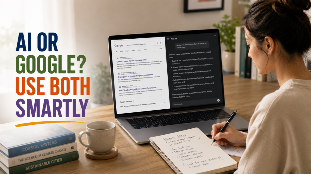 Beginner researcher using both Google search and an AI chat window on a laptop, taking notes and looking focused and confident