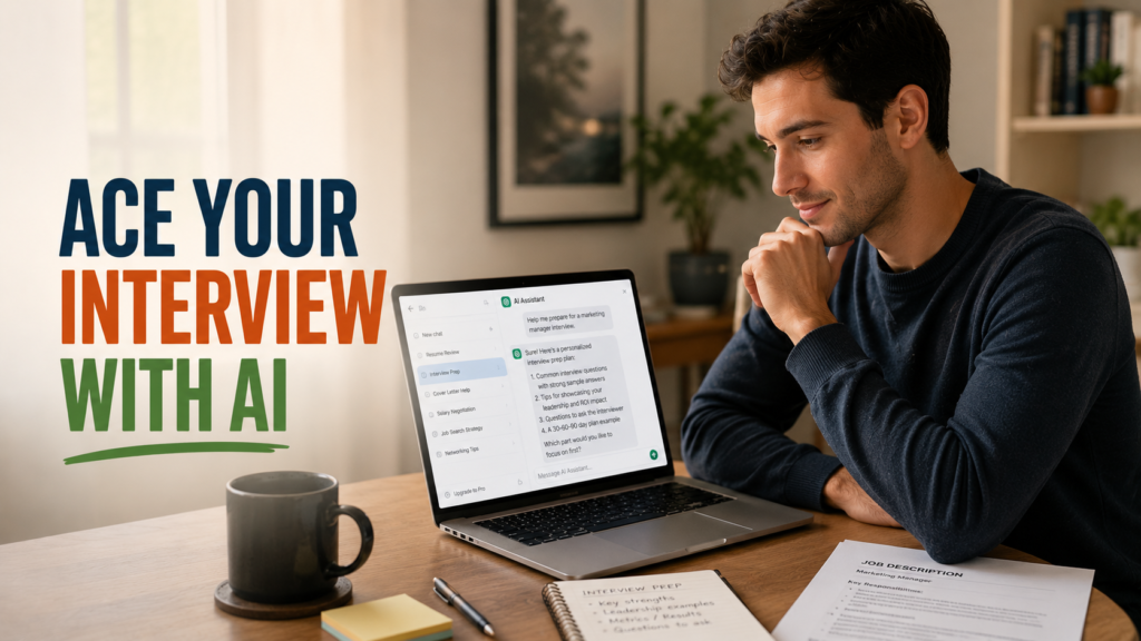 Job seeker practicing interview questions with AI on a laptop at a home desk, looking focused and prepared