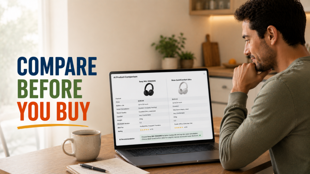 Person using AI on laptop to compare two products before buying, looking calm and organized with a clear decision framework on screen