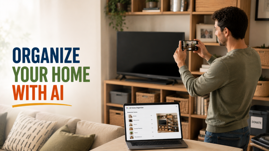 Person using AI on smartphone to photograph and catalog household items for a home inventory, looking organized and calm