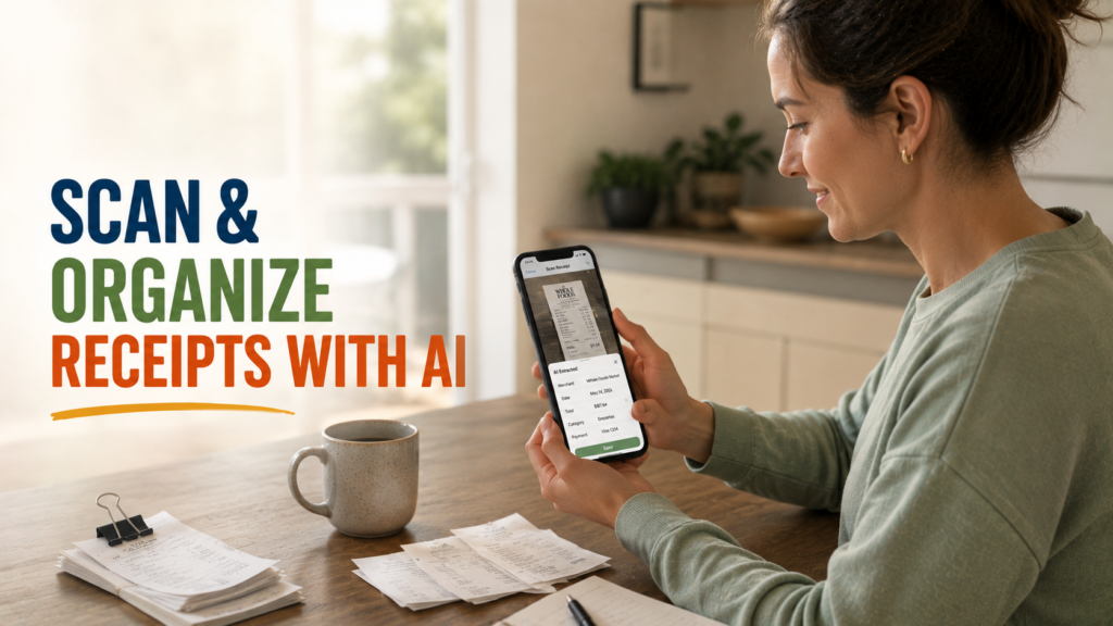 Person scanning paper receipts with a smartphone while an AI tool organizes them into digital categories on screen