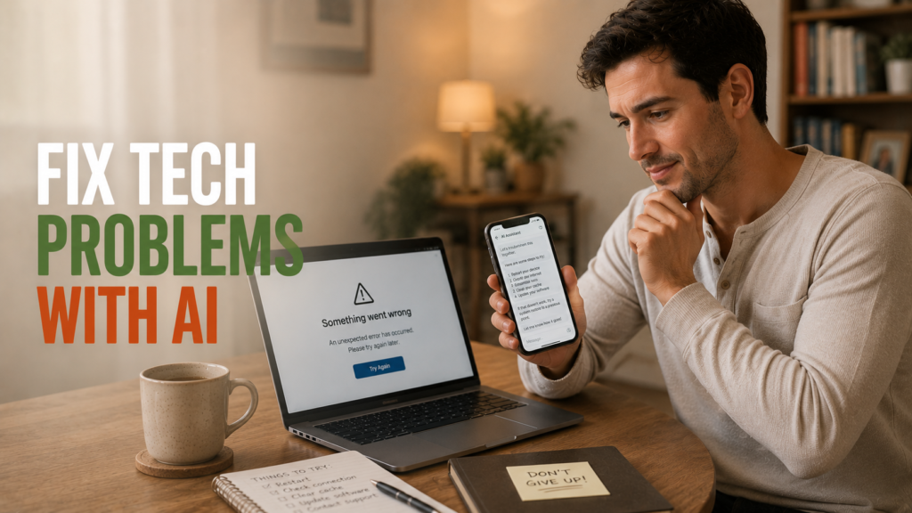 Frustrated adult using AI on phone to troubleshoot a tech error message on their laptop, looking relieved