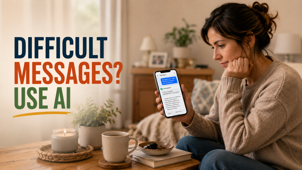 Person using AI on phone or laptop to write a calm conflict resolution message, looking thoughtful and relieved