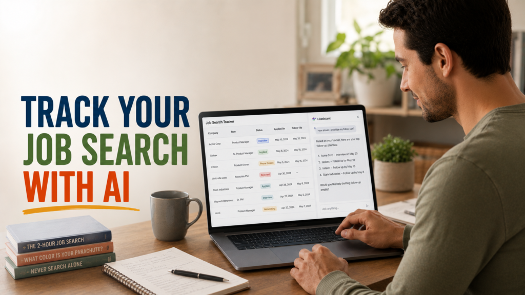 Job seeker using AI on laptop to organize and track job applications in a clean visual tracker, looking focused and calm