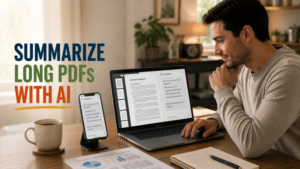 Person using AI on laptop to summarize a long PDF document, looking focused and relieved at their desk