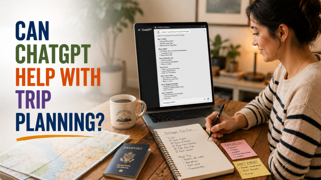 Traveler using ChatGPT on laptop to plan a day-by-day trip itinerary with a notebook, map, and travel notes on the table