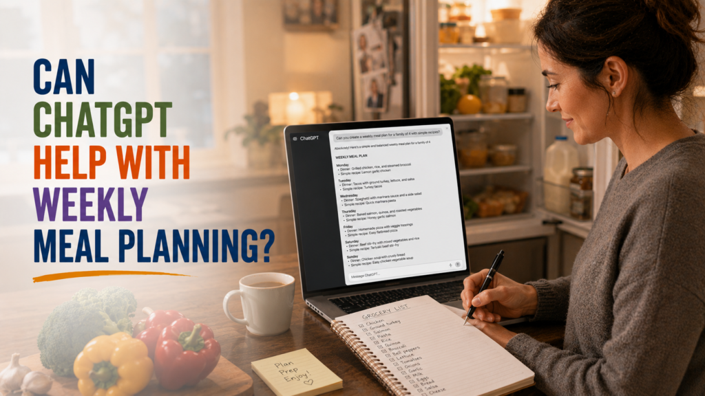 Adult in family kitchen writing a grocery list from a ChatGPT weekly meal plan on a laptop, looking relieved and organized