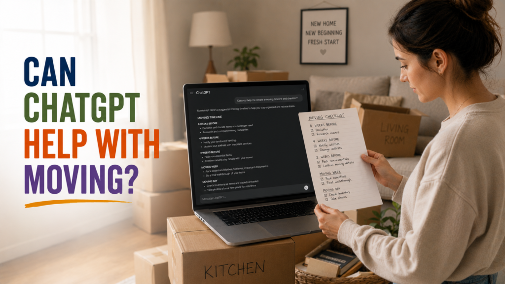 Person holding moving checklist while laptop shows a ChatGPT moving plan, surrounded by boxes in a tidy living room