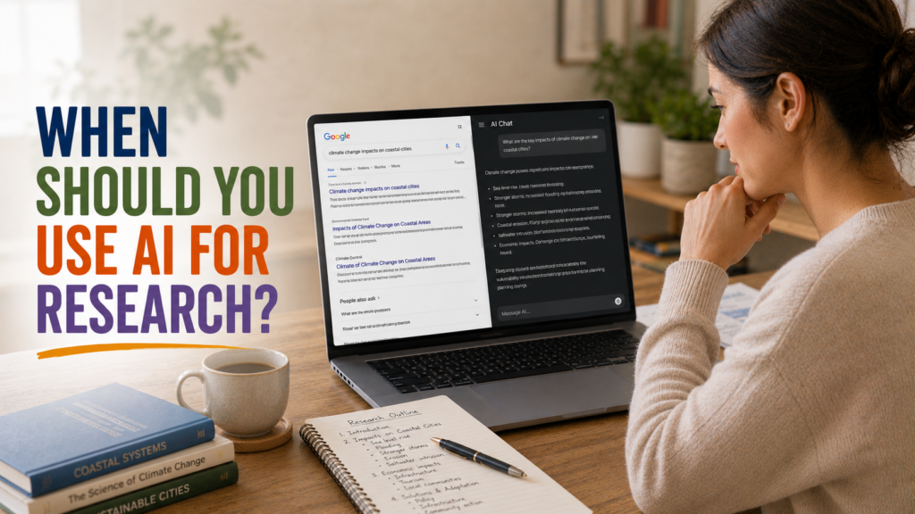 Researcher using both Google and AI chat on a laptop with a handwritten research outline, looking focused and organized