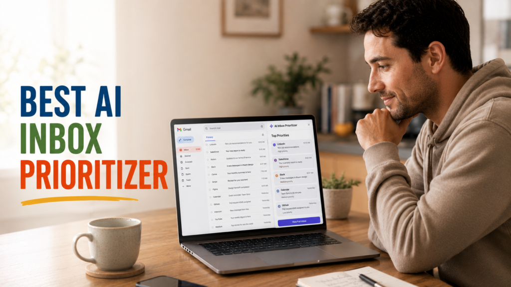 Person using AI on laptop to prioritize and organize an overflowing email inbox, looking calm and focused