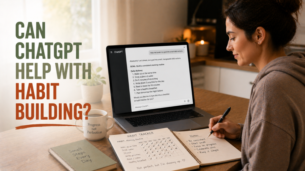 Person at kitchen table using ChatGPT on a laptop to design a small daily habit plan, with a handwritten habit tracker and coffee mug nearby