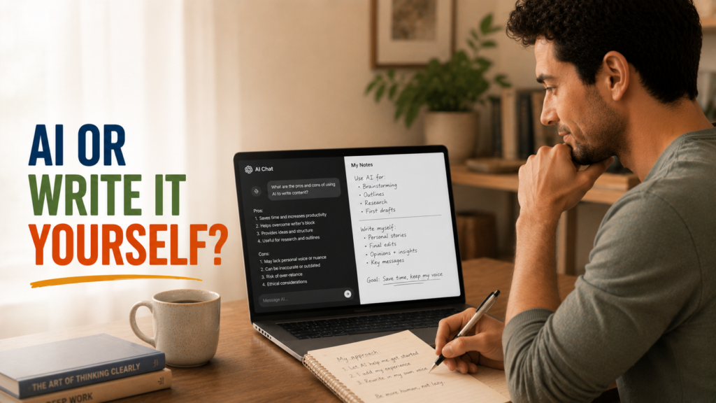 Person at desk thoughtfully using both a handwritten notebook and an AI chat window, balancing their own ideas with AI writing assistance