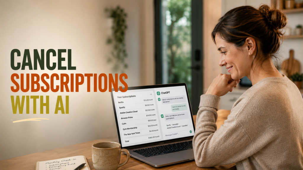 Person reviewing subscriptions on laptop while using AI to write a cancellation message, looking calm and relieved