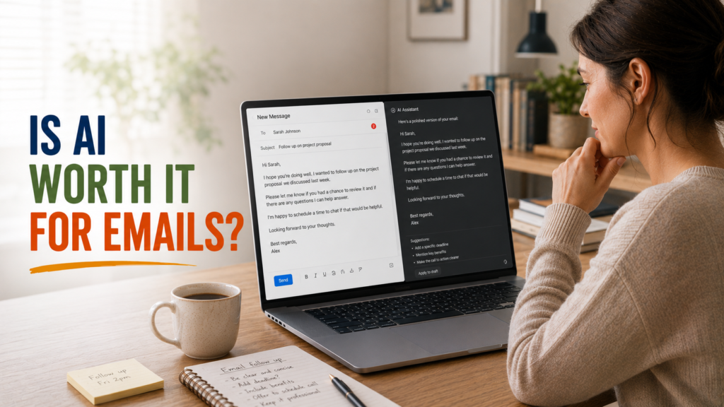 Professional reviewing an AI-drafted email on a laptop before sending, looking focused and in control of the final message