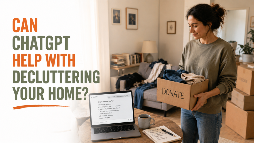 Person holding a donation box in a cluttered living room while a laptop displays a ChatGPT decluttering plan nearby
