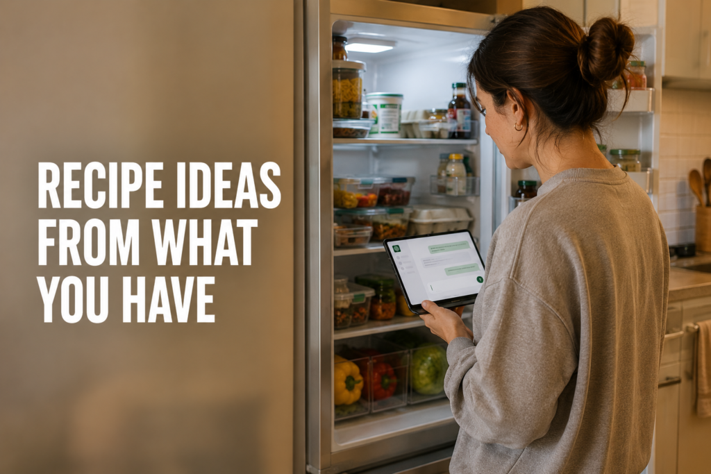 Person using AI on phone to get recipe ideas from ingredients already in the refrigerator