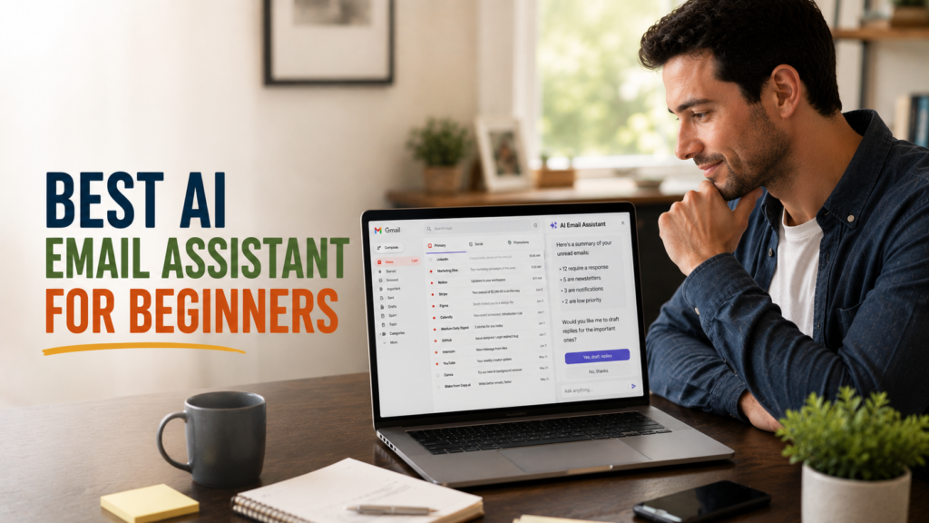 Professional using an AI email assistant on a laptop to manage inbox and draft replies, looking focused and relieved