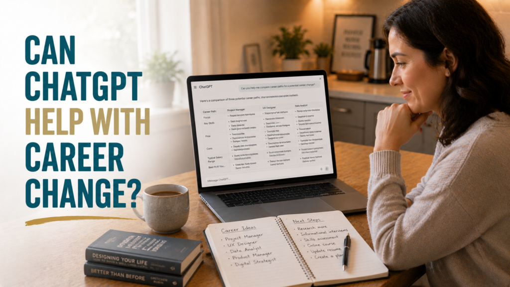 Mid-career professional at kitchen table using ChatGPT on a laptop to compare career change options, with handwritten notes and coffee nearby