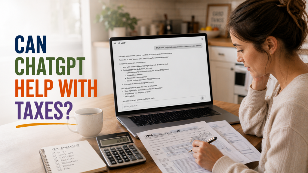 Person at kitchen table using ChatGPT on laptop to understand a confusing tax form, with calculator and tax documents visible