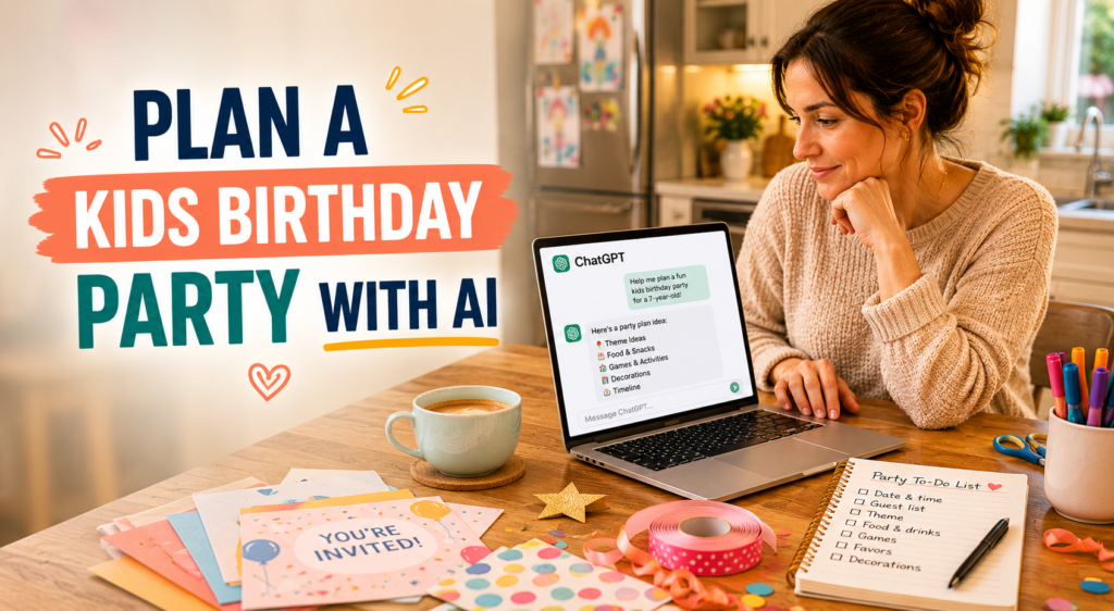 Parent using AI on laptop to plan a child's birthday party surrounded by invitations and party notes at kitchen table